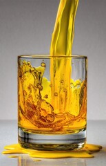 Golden liquid pours into glass, creating splashes
