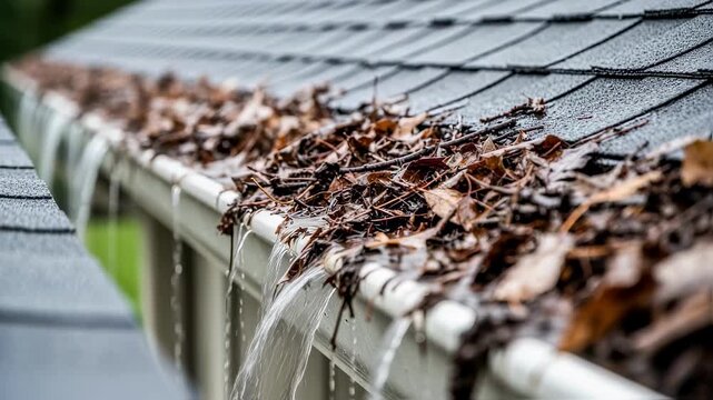 Slow tracking movement capturing leaf buildup in rain gutter above asphalt shingle roof.