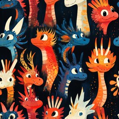 A colorful painting of various types of dragons with different colored heads