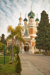View of the main facade of the St. Nicolas Cathedral in Nice, France.