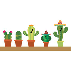 Sombrero cactus character row. Vector