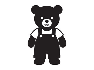 Black silhouette of toy bear in overalls, isolated on white background. concept of cute animal, stuffed toy, kids, childhood, nursery decor, icon, logo, design element