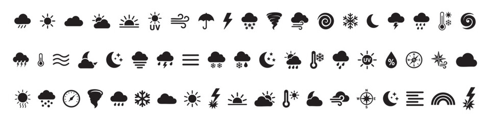 Naklejka premium Set of Black silhouettes of various weather icons including sun, cloud, lightning, wind and other isolated on white background. concept of meteorology, climate symbols, illustration, collection