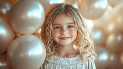 Fototapeta premium cute little smiling girl in fancy dress holding many white balloons on solid color background, kids birthday party, celebration, child, childhood, fun, event agency for children, party