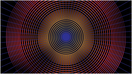 Cool abstract backgroound with concetric desigh with colors on black. Dimension 16:9. Vector illustration.