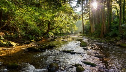 Obraz premium discover a tranquil river winding through a vibrant forest with sunlight filtering through lush trees the clear water moves gently over stones creating a peaceful atmosphere