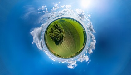 in a blue celestial expanse a green tiny planet is illuminated by sunlight and cradled by lovely clouds presenting a 360 degree spherical panorama transformation this unique vantage point captures
