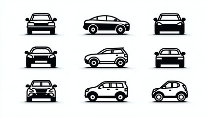 Nine car icons, showing different types of vehicles in black outline on a white background