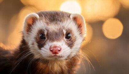 a close up of a curious ferret with bright eyes set against a warm softly lit background