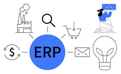 ERP at center connects factory, email, shopping cart, coding, lightbulb, money arrows, and search. Ideal for business automation, resource planning efficiency productivity and simple landing page