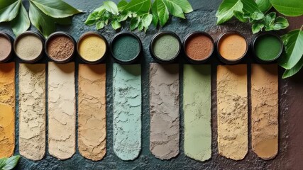 Natural earth tone pigments for cosmetics with leaves for branding and advertising video