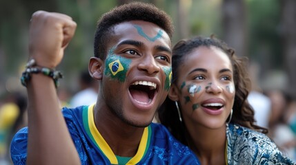 Fototapeta premium Young people with painted faces in green and yellow celebrating national pride and freedom on Independence Day.