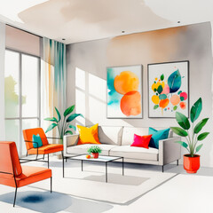 Watercolor Living Room Interior with Modern Art, Bright Cushions and Plants