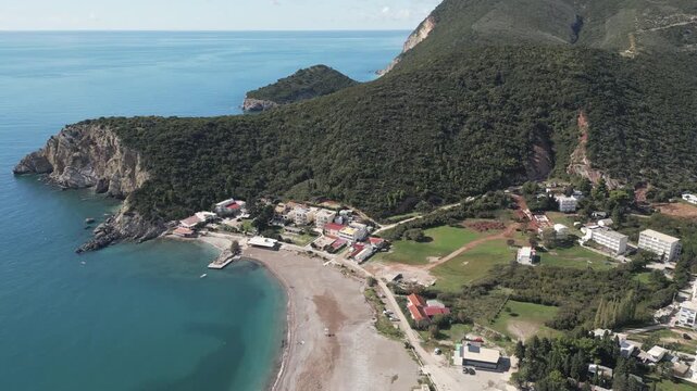Picturesque aerial perspective of Canj, a caostal touristic town located in southern Crna Gora