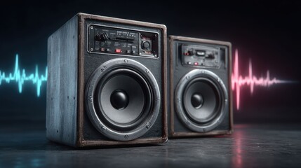 Fototapeta premium Vintage stereo speakers with glowing audio waves