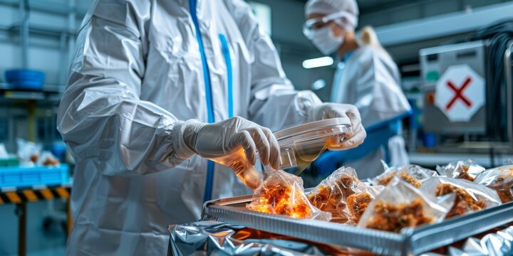Food factory worker wearing hazmat suit packaging food for distribution