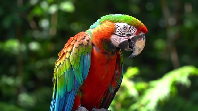 Close up view of a vibrant macaw parrot perched against a lush green background