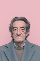 create photorealistic image focusing on elderly man with wise expression set against clean pastel background