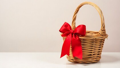 Empty basket with a large red ribbon and bow, suitable for gift or decoration., Mockup gift basket, created with generative ai