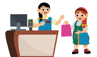 cute girl becomes a cashier at a shopping center. Cashier Worker Standing at Checkout Station