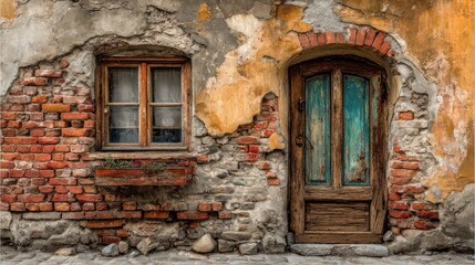 Weathered facade with window and door