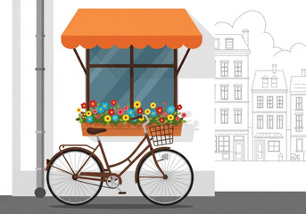 Bicycle Parked by Flower-Filled Window Box in Quaint Urban Neighborhood