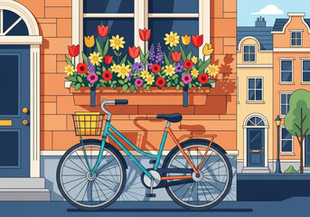 Bicycle Parked by Flower-Filled Window Box in Quaint Urban Neighborhood