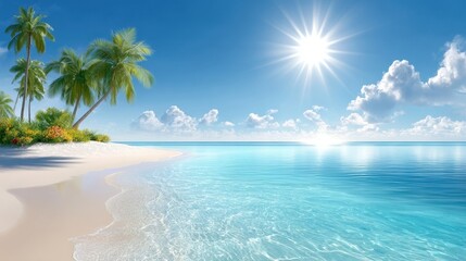 Fototapeta premium Tropical beach scene featuring clear turquoise waters, gentle waves lapping at the shore, vibrant palm trees swaying in the breeze, and a bright sun illuminating the serene landscape