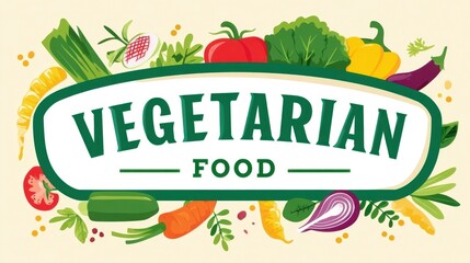 Colorful illustration of fresh vegetables and herbs surrounding a bold sign that reads vegetarian food, showcasing healthy eating and vibrant culinary choices for plant-based diets