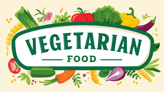 Colorful illustration of fresh vegetables and herbs surrounding a bold sign that reads vegetarian food, showcasing healthy eating and vibrant culinary choices for plant-based diets