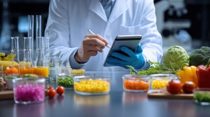 Medium shot highlighting a scientist recording blood sugar data on a tablet with colorful paleovegan ingredients and test utensils blurred in the foreground and background.