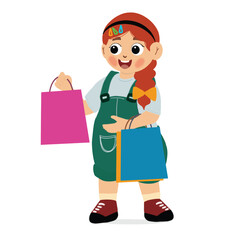 cute girl are shopping and carrying shopping bags, vector and illustration