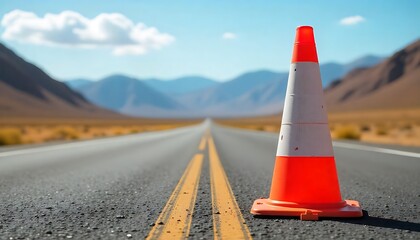 Roadside alert: Orange and white cone on a desolate road with mountains in the background, warning of potential hazards., created with generative ai