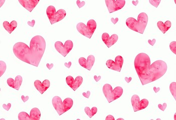 Delicate watercolor pink hearts seamlessly repeating on white background,  feminine,  summer