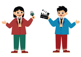 News reporter and professional cameraman illustration. news or journalist illustration. Illustration of a Girl Reporter Journalist Holding a Microphone Conducting an Interview