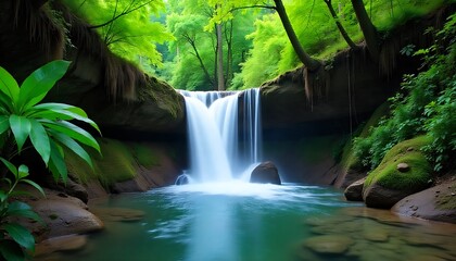  Serene waterfall cascading over rocks into a calm river surrounded by lush green tropical trees and plants, created with generative ai