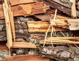 Close up of Broken Tree Bark with Natural Texture and Organic Surface on Dark Brown Background
