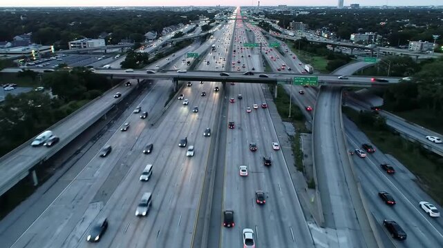 Aerial View of a Busy Highway During Dusk, Urban Transportation Network