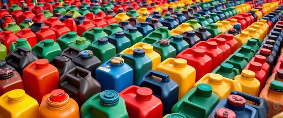 Fototapeta premium Neatly arranged rows of colorful plastic fuel canisters, colorful, fuel can