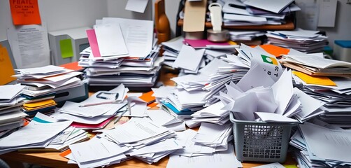 Organized desk amidst scattered papers & overflowing bin,  color,  grey
