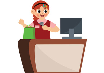 cute girl becomes a cashier at a shopping center. Cashier Worker Standing at Checkout Station
