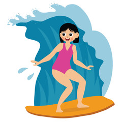 Woman in swimwear in sea or ocean. Surfer in beach wear with surfboards on the waves. Cartoon vector illustration of Surfing