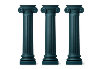 Three elegant teal ionic columns against a clear backdrop, ideal for architectural renderings and historical presentations