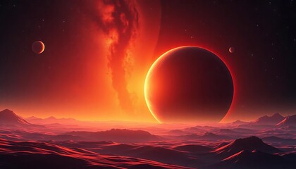Star-studded sunrise paints alien planet's atmosphere vibrant hues, cosmic backdrop, space, wonder