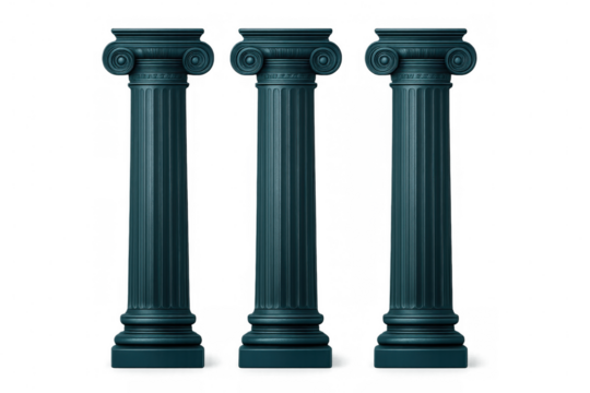 Three elegant teal ionic columns against a clear backdrop, ideal for architectural renderings and historical presentations