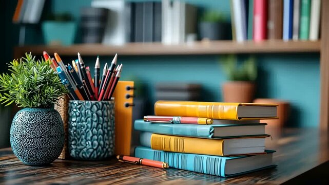 Cozy home office setup with books, stationery, and a plant, ideal for studying and working - Powered by Adobe