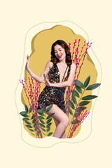 Art image vertical photo collage of happy girl guy dance wildflower branch willow spring bloom celebration party event chill