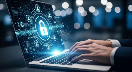 Digital Identity and Online Security: User Login Screen Overlay on Laptop Keyboard for website banners, social media posts, or corporate presentations related to cybersecurity awareness and tech blogs