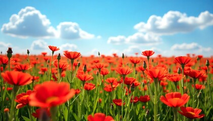 Fototapeta premium Vibrant safflower field under sky, a rural countryside landscape, Safflower field under a blue sky, serene and picturesque view, created with generative ai