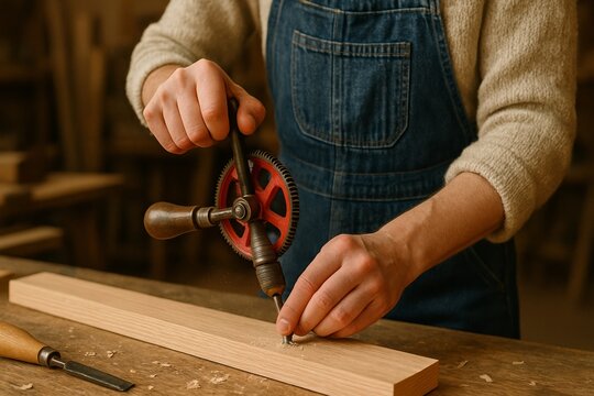 Detailed close-up of a person using a vintage hand drill to create a clean hole in a wooden board. Warm light highlights the gear, wood grain, and sawdust.

